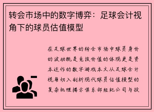 转会市场中的数字博弈：足球会计视角下的球员估值模型
