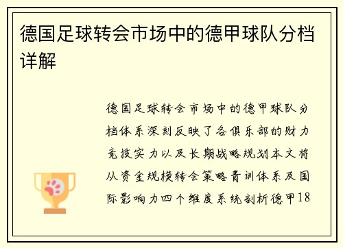德国足球转会市场中的德甲球队分档详解