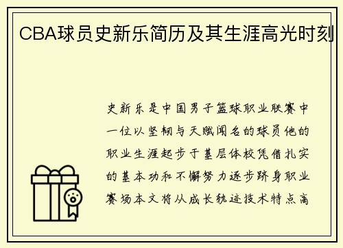 CBA球员史新乐简历及其生涯高光时刻